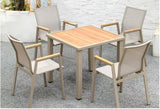 Teak wood armrest mesh chair + 0.9m stone crystal plate square table